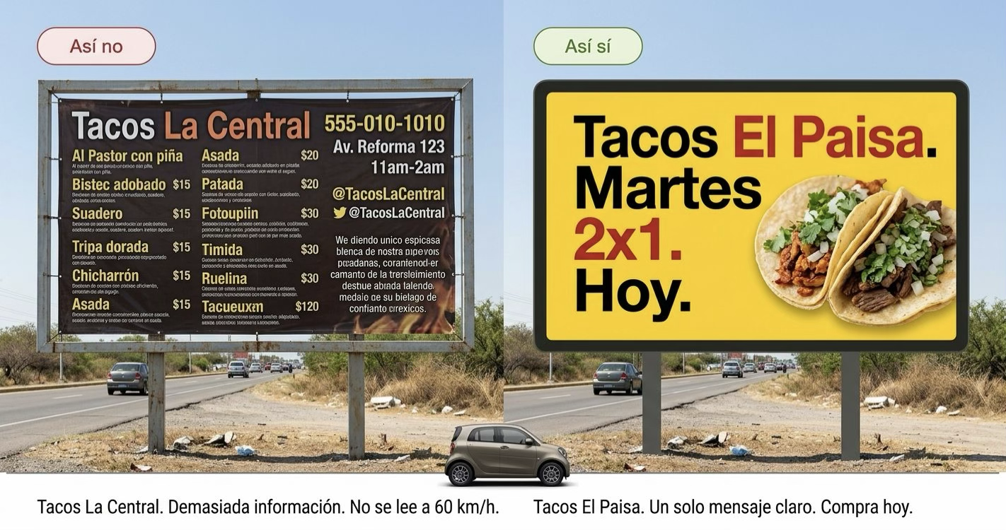 Ejemplo de anuncio con demasiado texto frente a uno con un mensaje claro